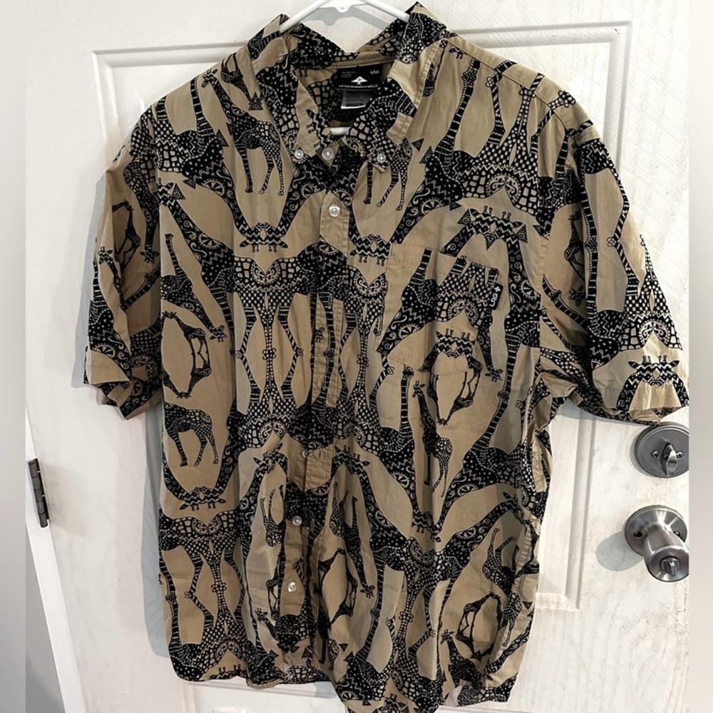 Casual Tan and Black Button Down Shirt with Artistic Pattern